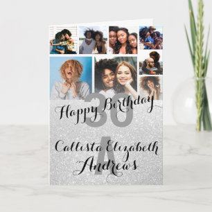 White Silver Glitter Photo Collage Happy Birthday Card