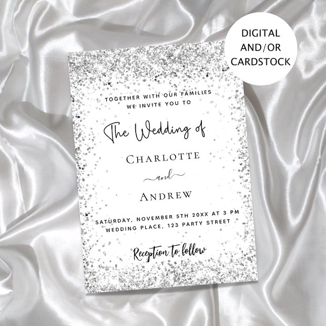 White silver glitter script wedding invitation (Creator Uploaded)