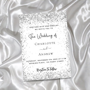 White silver glitter script wedding invitation postcard