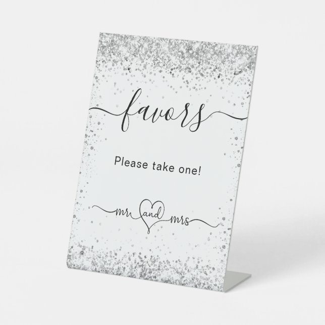 White silver glitter sparkles wedding guest favour pedestal sign (Front)