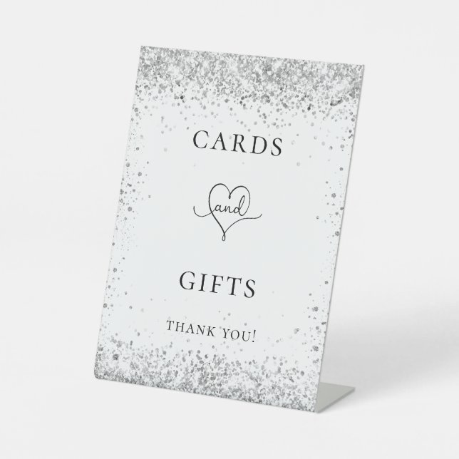 White silver glitter wedding guest card gifts pedestal sign (Front)