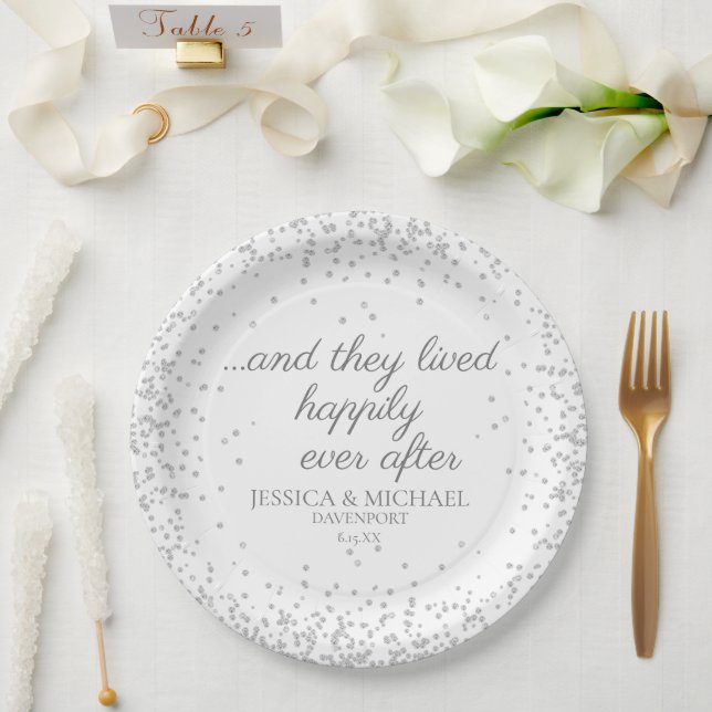 White Silver Glitter Wedding Happily Ever After Paper Plate (Wedding)