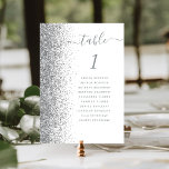 White Silver Glitter Wedding Table Number<br><div class="desc">The left-hand edge of this elegant modern wedding table number card features a silver faux glitter border. The word "table" appears in grey whimsical handwriting script on a white background. Add the names of your guests who are assigned to each table.</div>