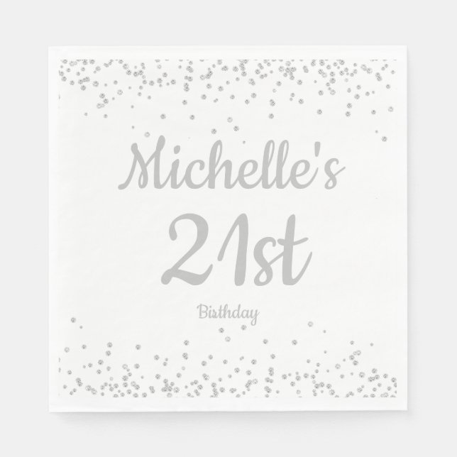 White Silver Glitter Women's 21st Birthday Napkin (Front)