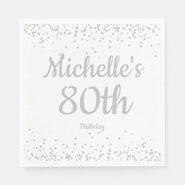White Silver Glitter Women's  80th Birthday Napkin (Front)