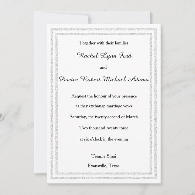 White Silver Glittered Trim -5x7Wedding Invitation (Front)