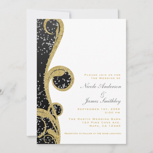 White Silver Gold Black Elegant Swirl Wedding Invitation (Front)