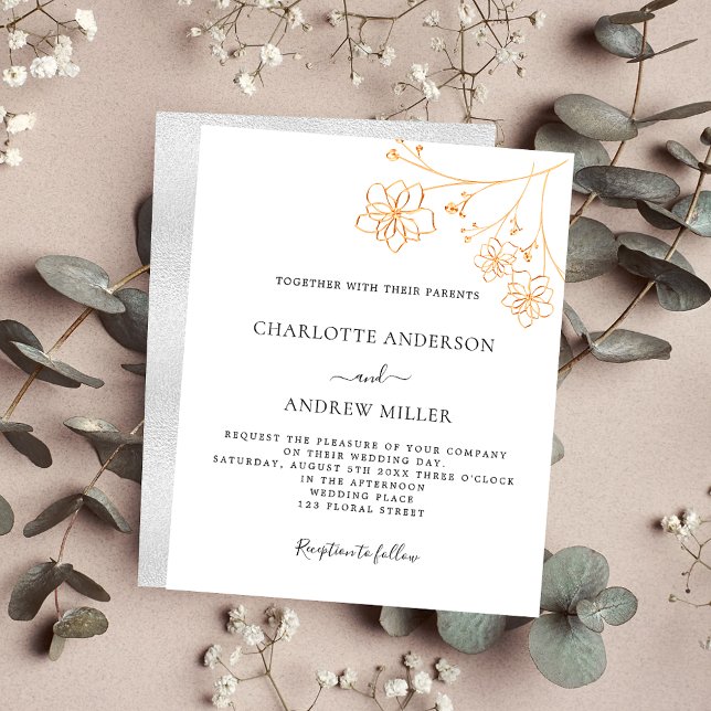White silver gold floral budget wedding invitation flyer (Creator Uploaded)