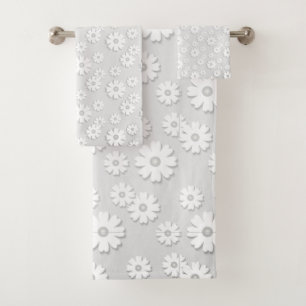 White & Silver Gray Floral Bath Towel Set
