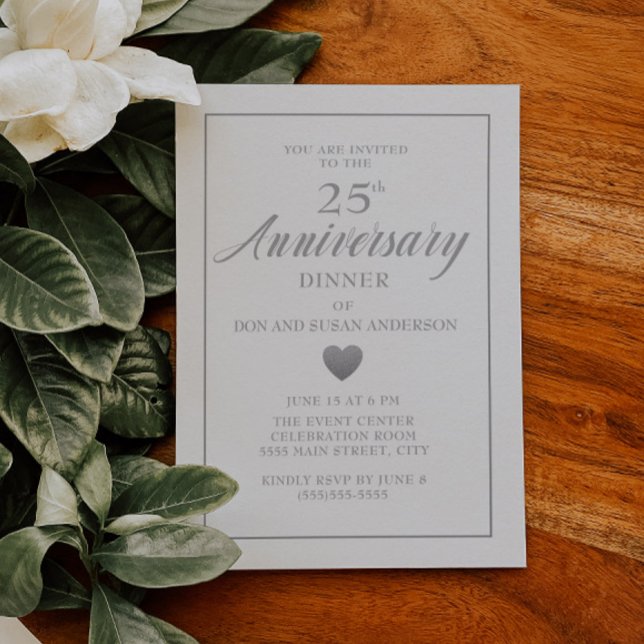 White Silver Heart 25th Wedding Anniversary Invitation (Elegant white 25th wedding anniversary dinner invitation with a silver heart)