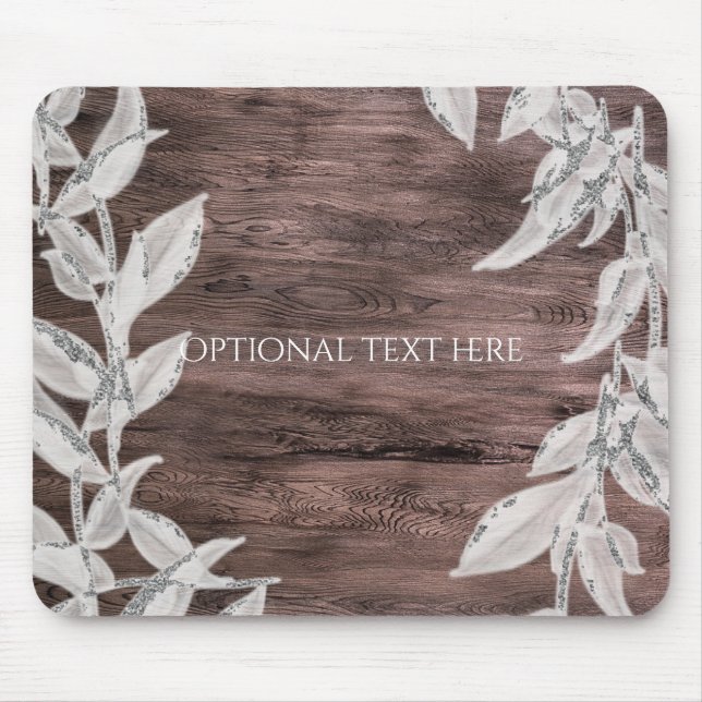 White & Silver Leaves & Rustic Wood Elegant Mouse Mat (Front)