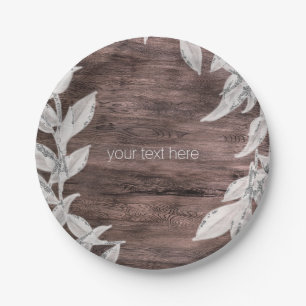 White & Silver Leaves & Rustic Wood Elegant Paper Plate