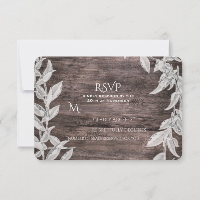 White Silver Leaves Rustic Wood Fall Elegant RSVP Card (Front)