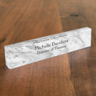 White & Silver Marble Executive Nameplate