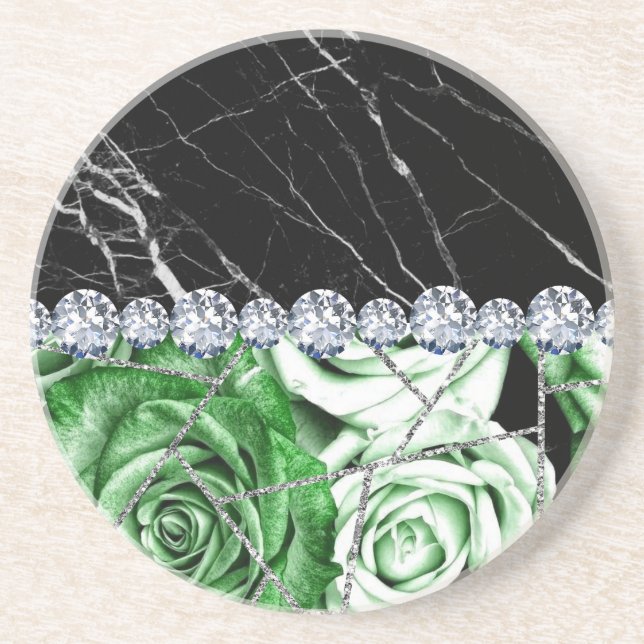 White Silver Marble Rose Black Glitter Coaster (Front)