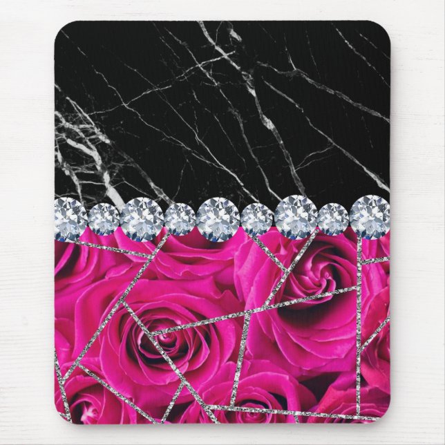 White Silver Marble Rose Black Glitter Mouse Mat (Front)