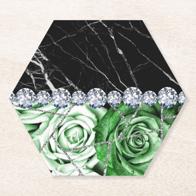 White Silver Marble Rose Black Glitter Paper Coaster (Front)