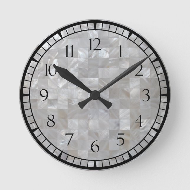 White Silver Mother Of Pearl Print Tiled With Numb Round Clock (Front)