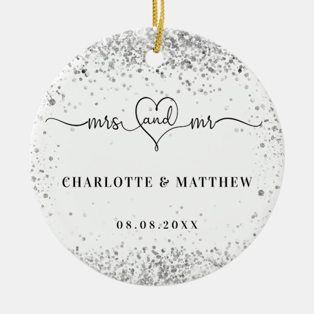 White silver names mr mrs elegant newly weds  ceramic tree decoration (Front)