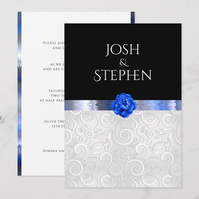 White Silver Pattern Blue Flower Silk Ribbon Invitation (Front/Back)