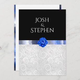 White Silver Pattern Blue Flower Silk Ribbon Invitation