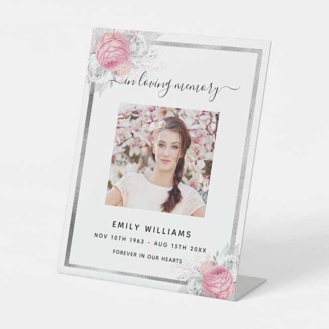 White silver pink florals photo memorial pedestal sign (Front)