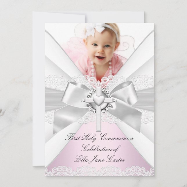 White Silver Pink Photo First Holy Communion Invitation (Front)