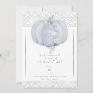 White Silver Pumpkin Storybook Hearts Fall Wedding Invitation