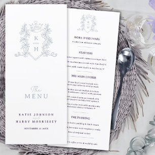 White silver purple crown crest monogram wedding menu
