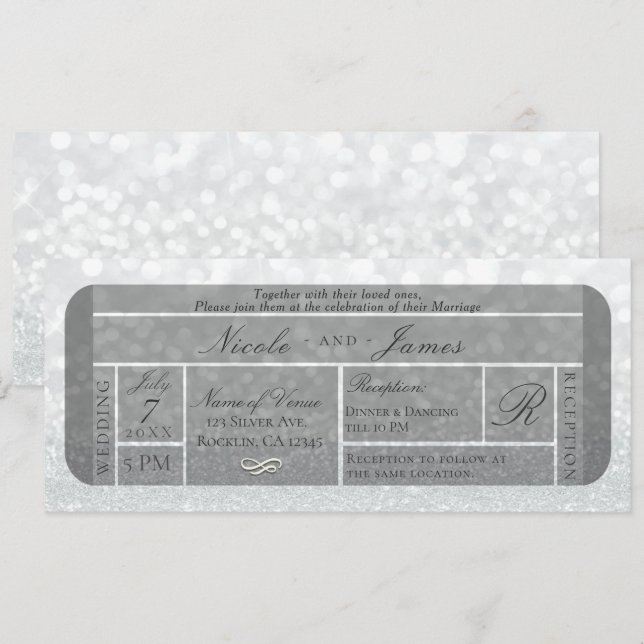 White Silver Sparkle Glitter VIP Ticket Wedding Invitation (Front/Back)