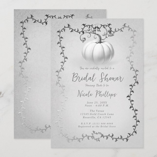 White Silver Storybook White Pumpkin Bridal Shower Invitation (Front/Back)