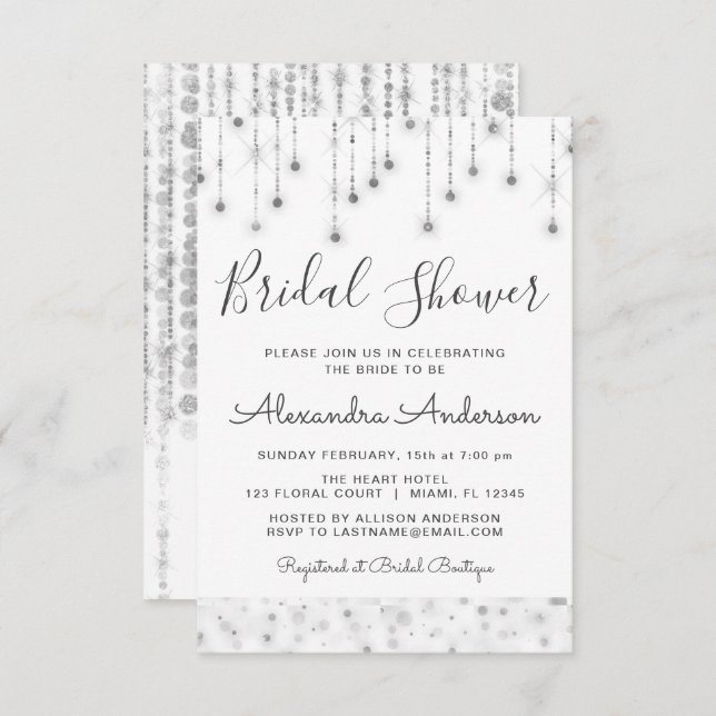 White Silver String Lights Bridal Shower Invitation (Front/Back)