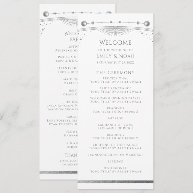 White Silver Sun Moon Stars Celestial Wedding Programme (Front/Back)