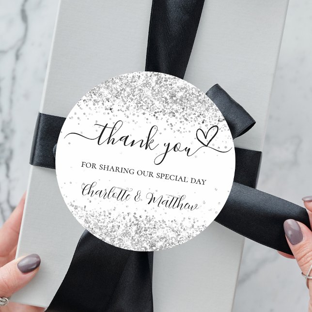 White silver thank you wedding classic round sticker (Creator Uploaded)