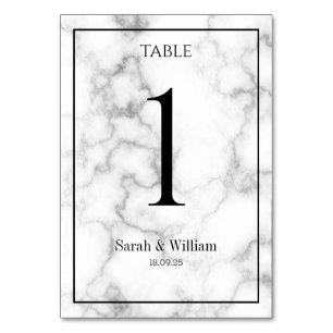 White & Silver Vein Marble Wedding Table Number