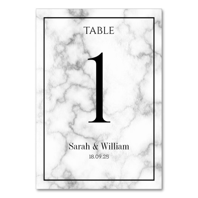White & Silver Vein Marble Wedding Table Number (Front)