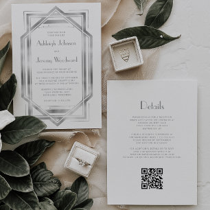 White Silver Vintage 1920s Deco QR Code Wedding Invitation
