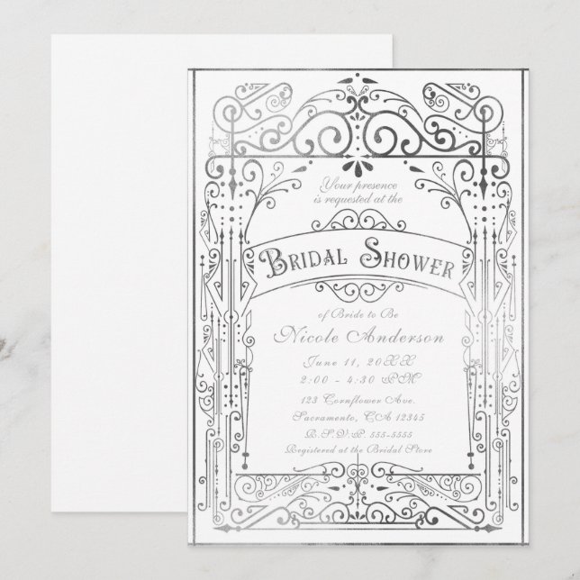 White & Silver Vintage Victorian Bridal Shower Invitation (Front/Back)