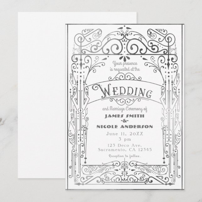 White & Silver Vintage Victorian Deco Wedding Invitation (Front/Back)