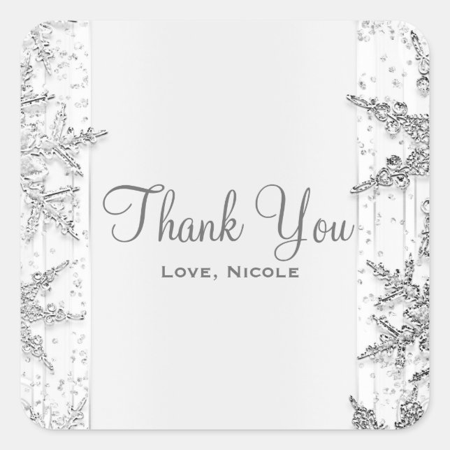 White & Silver Winter Snowflakes Elegant Favour Square Sticker (Front)