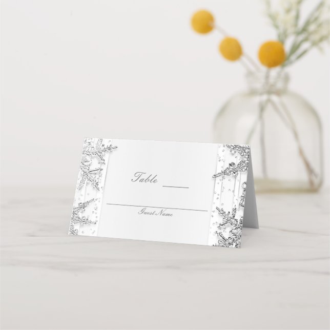 White & Silver Winter Wonderland Snowflakes Seat Place Card (Back)