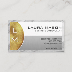 White Silver with Monogram Marble Border Business Card