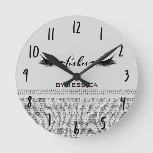 White Silver Zebra Sequins Lashes Personalised Round Clock (Front)