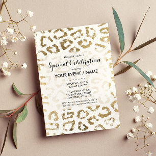 White simple chic faux gold modern animal print invitation