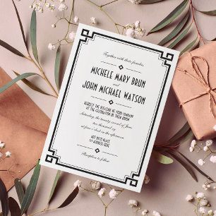 White Simple Classy Art Deco Retro Frame Wedding Invitation