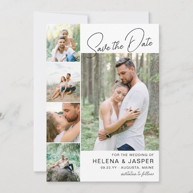White Simple Clean 5 Photo Collage Save The Date (Front)