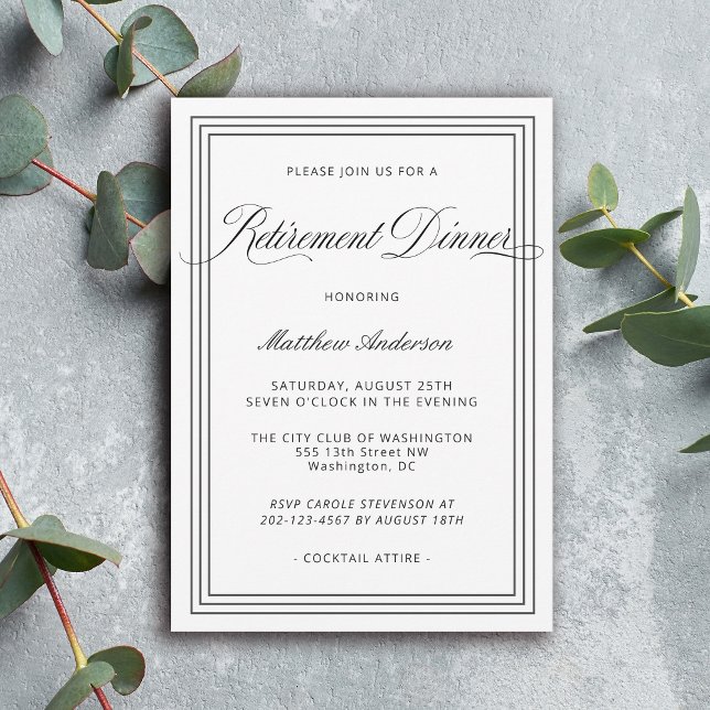 White Simple Elegant Retirement Dinner Invitation (Available in both printed and instant download digital formats.)