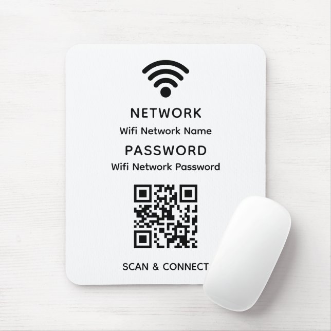 White Simple Elegant Wifi QR Code Network Password Mouse Mat (With Mouse)