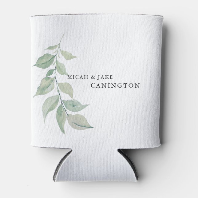 White Simple Foliage Stem Names Wedding  Can Cooler (Front)