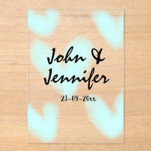 white simple minimal text style wedding blue heart acrylic invitations